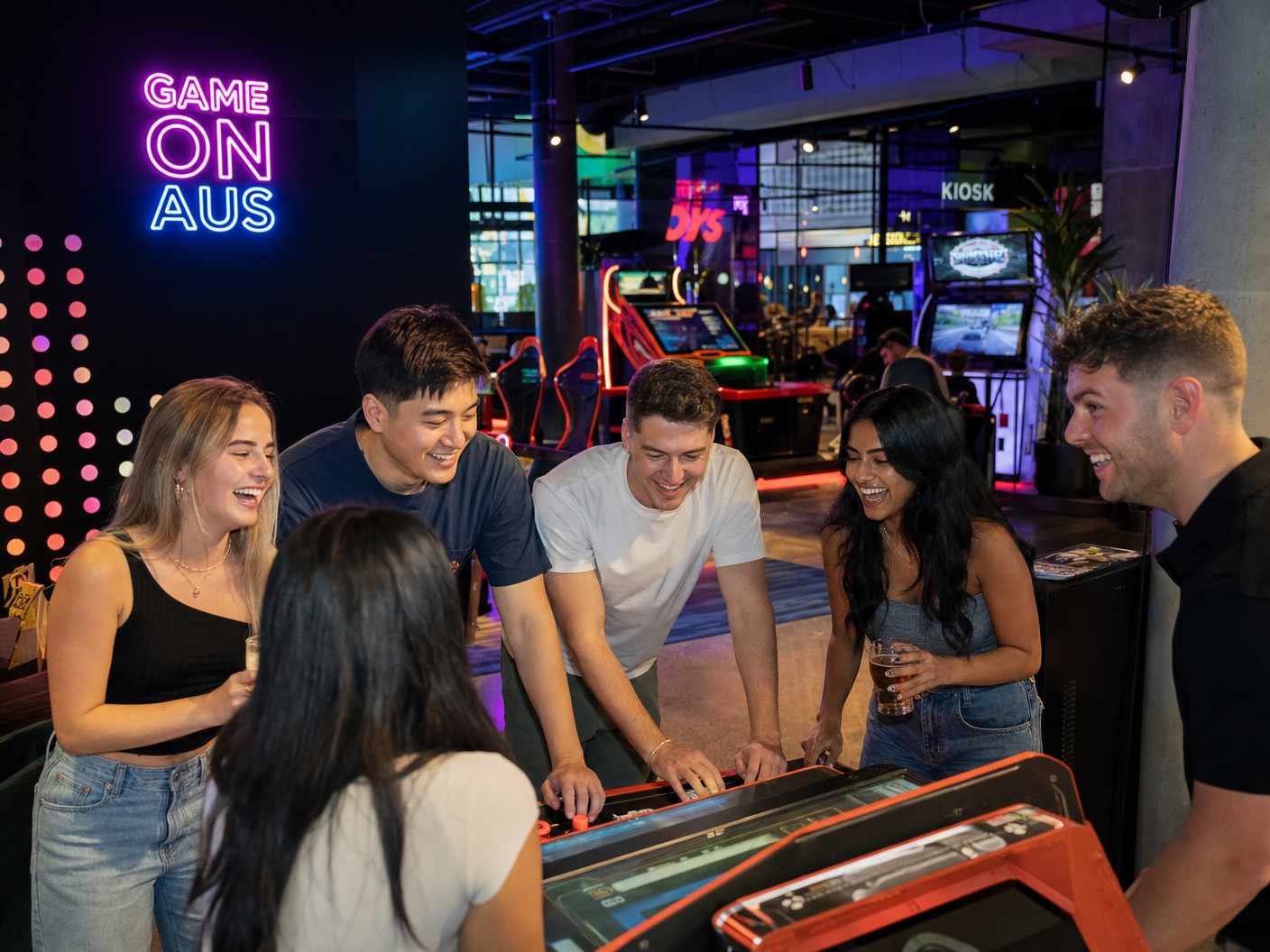 Friends enjoying social games at OrbitArcade